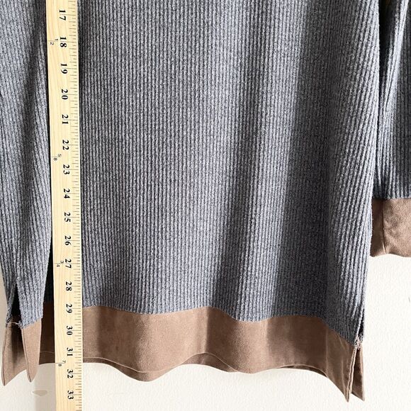 Peach Love Gray Waffle Knit Long Line Shirt S Brown Elbow Patch Soft California - Picture 8 of 10